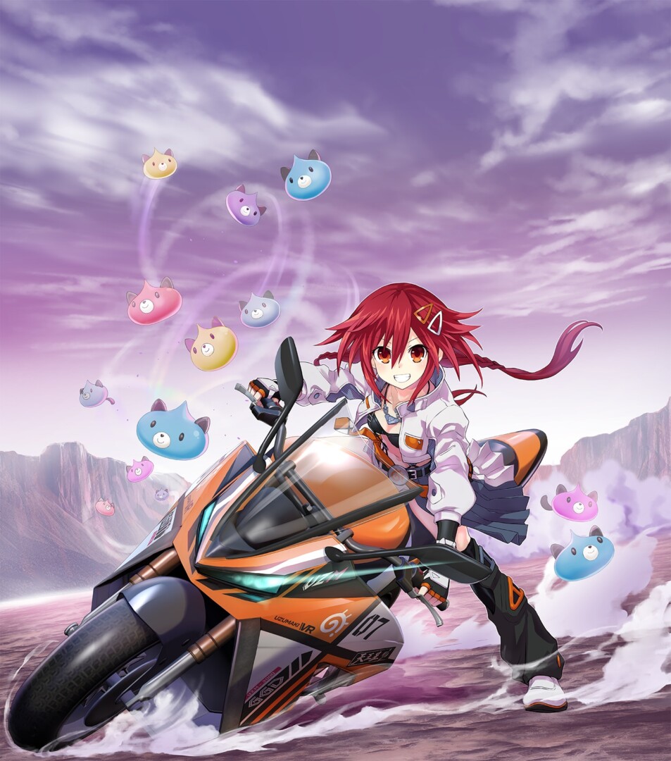 Neptunia Riders Dogoos | The Outerhaven Red haired girl on a motorcycle. Neptunia Riders Uzume