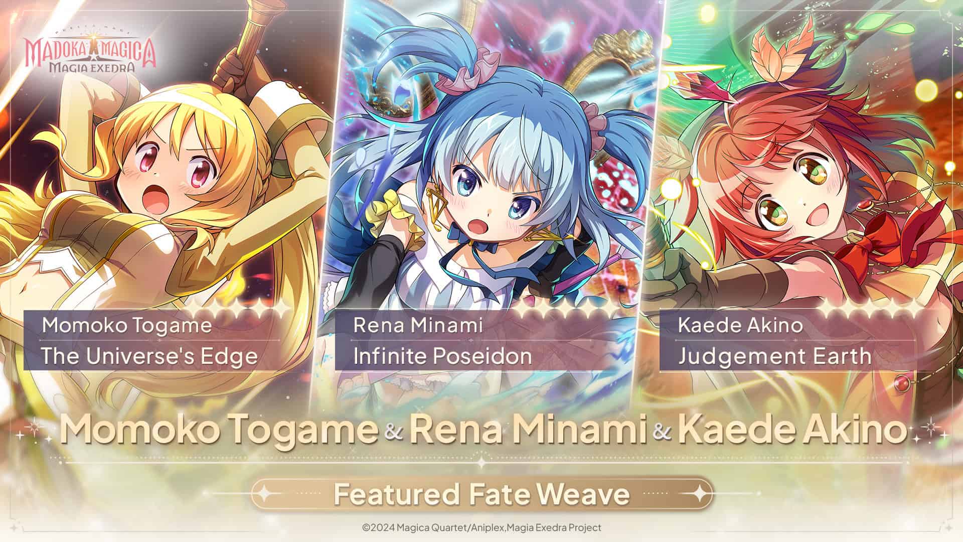 Puella Magi Madoka Magica Magia Exedra kioku banner for Momoko Togame, Rena Minami and Kaede Akino